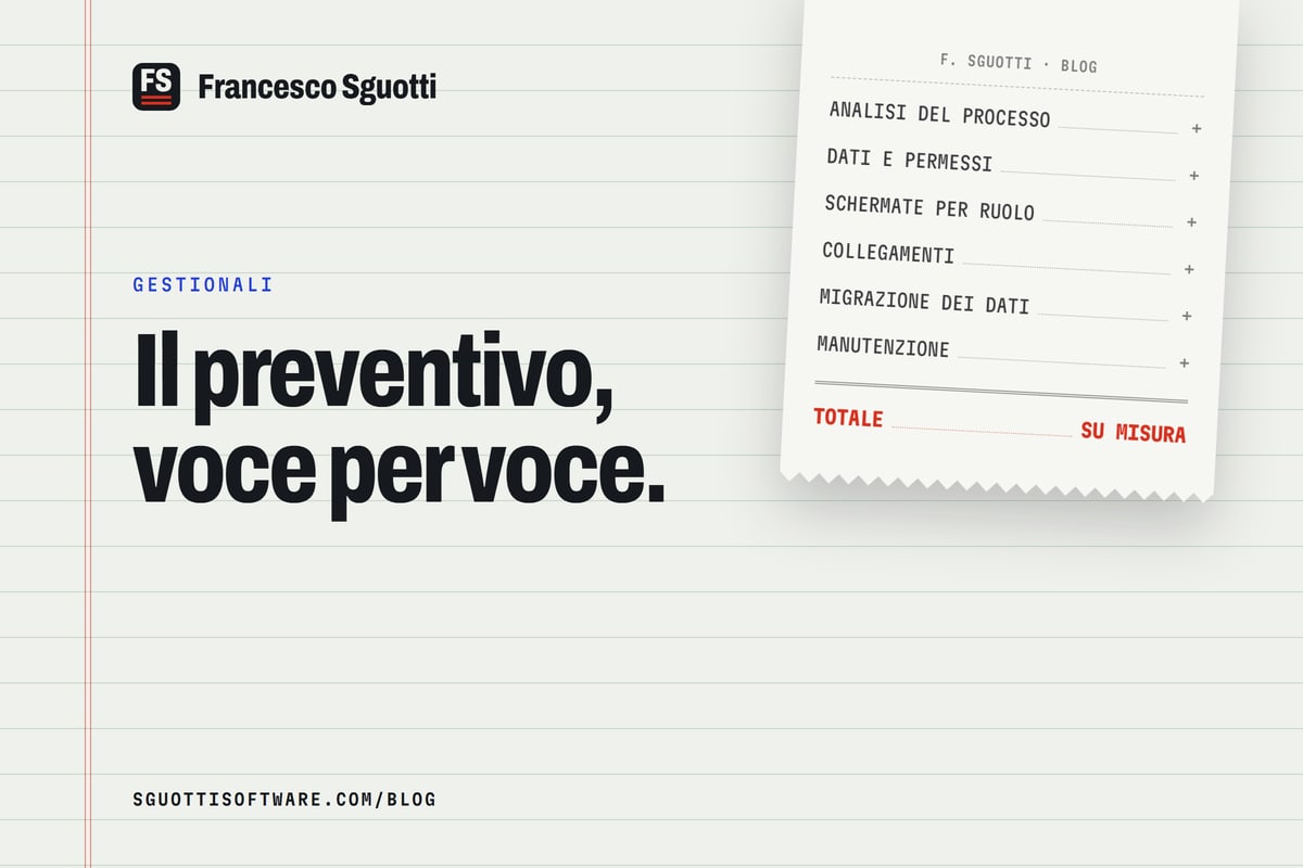 Uno scontrino da calcolatrice con le voci di costo di un gestionale su misura
