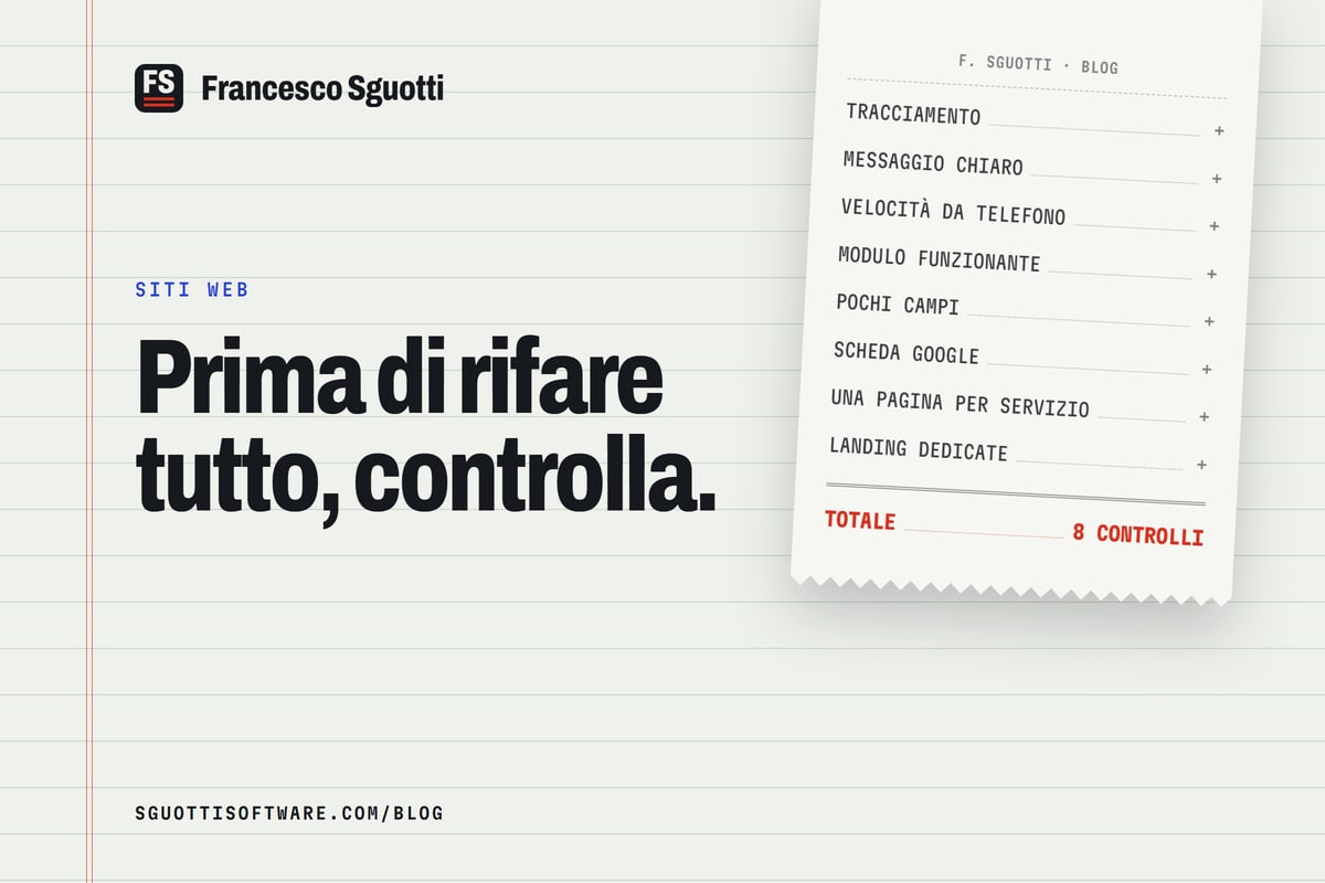 Uno scontrino da calcolatrice con gli otto controlli da fare prima di rifare un sito