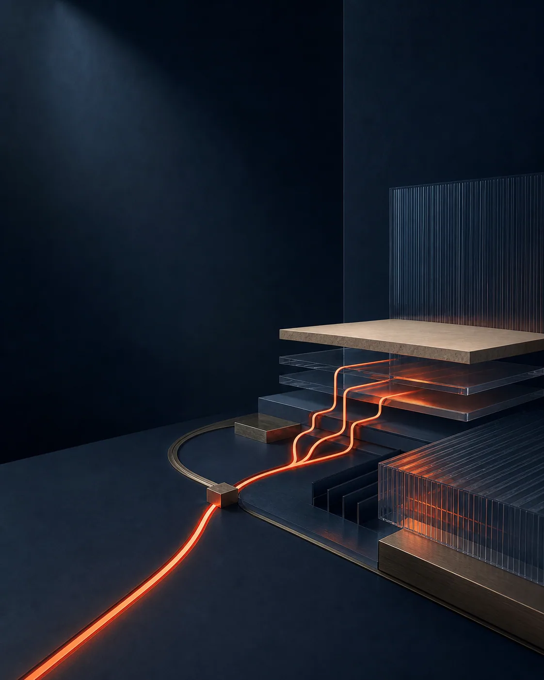 Dall'esigenza al progetto Illustrazione AI di un percorso luminoso che entra in una struttura modulare, metafora dell'avvio di un progetto software