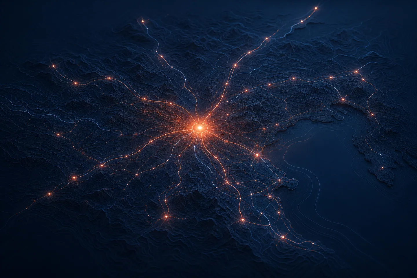 Rete di collaborazione in Veneto Illustrazione AI di una rete territoriale con nodi luminosi e un punto centrale di connessione