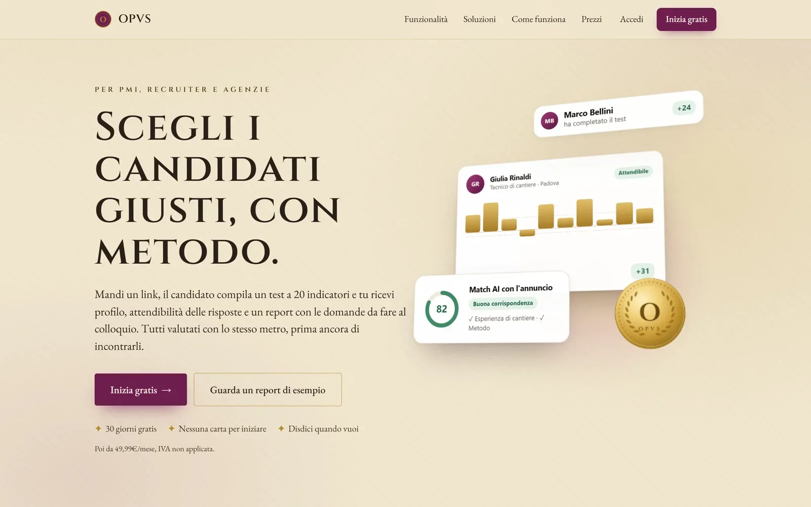 The opvs.business home page, headed Choose the right candidates, with a method (in Italian)