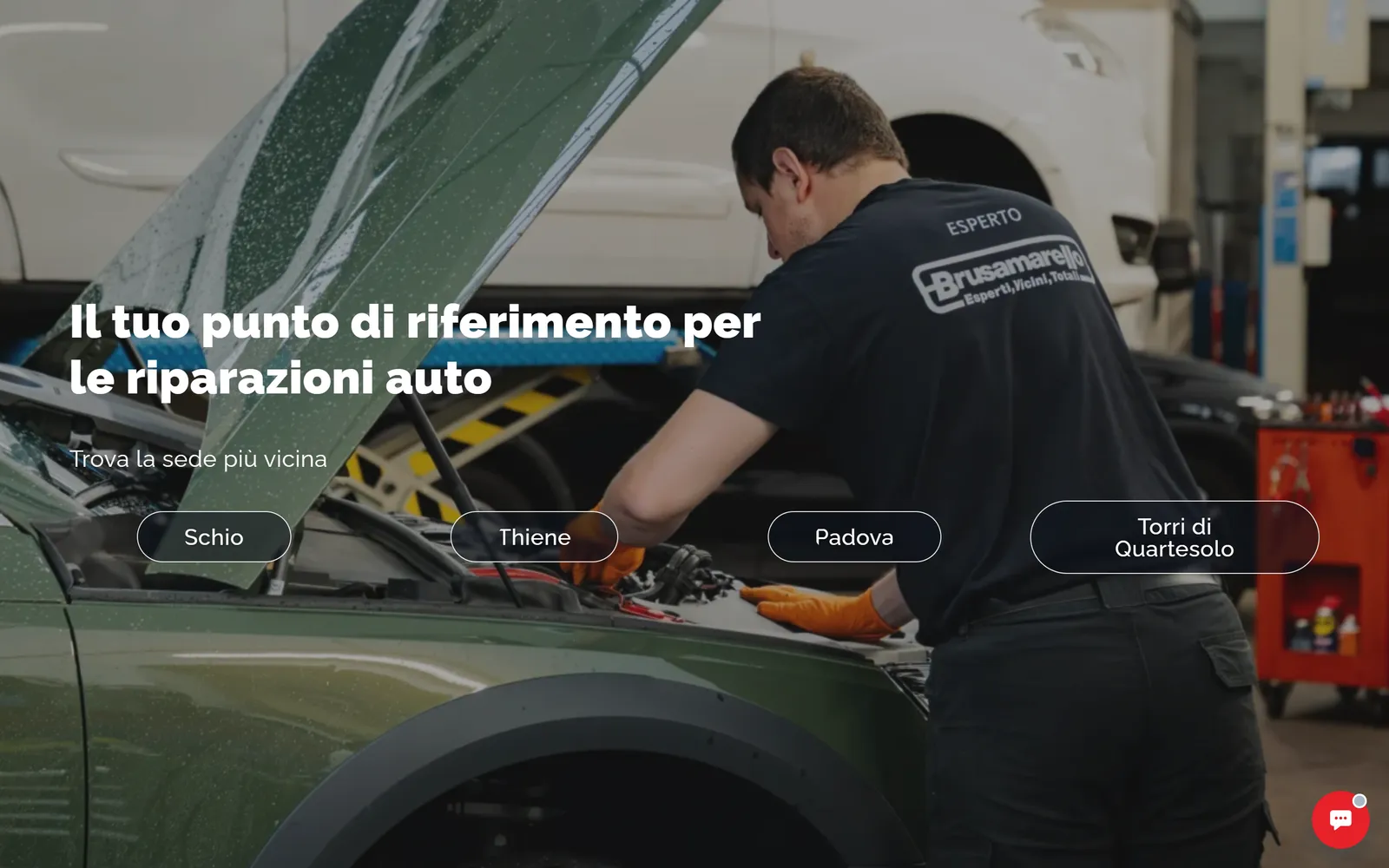 La home page di brusamarello.com con un meccanico al lavoro e i pulsanti delle quattro sedi