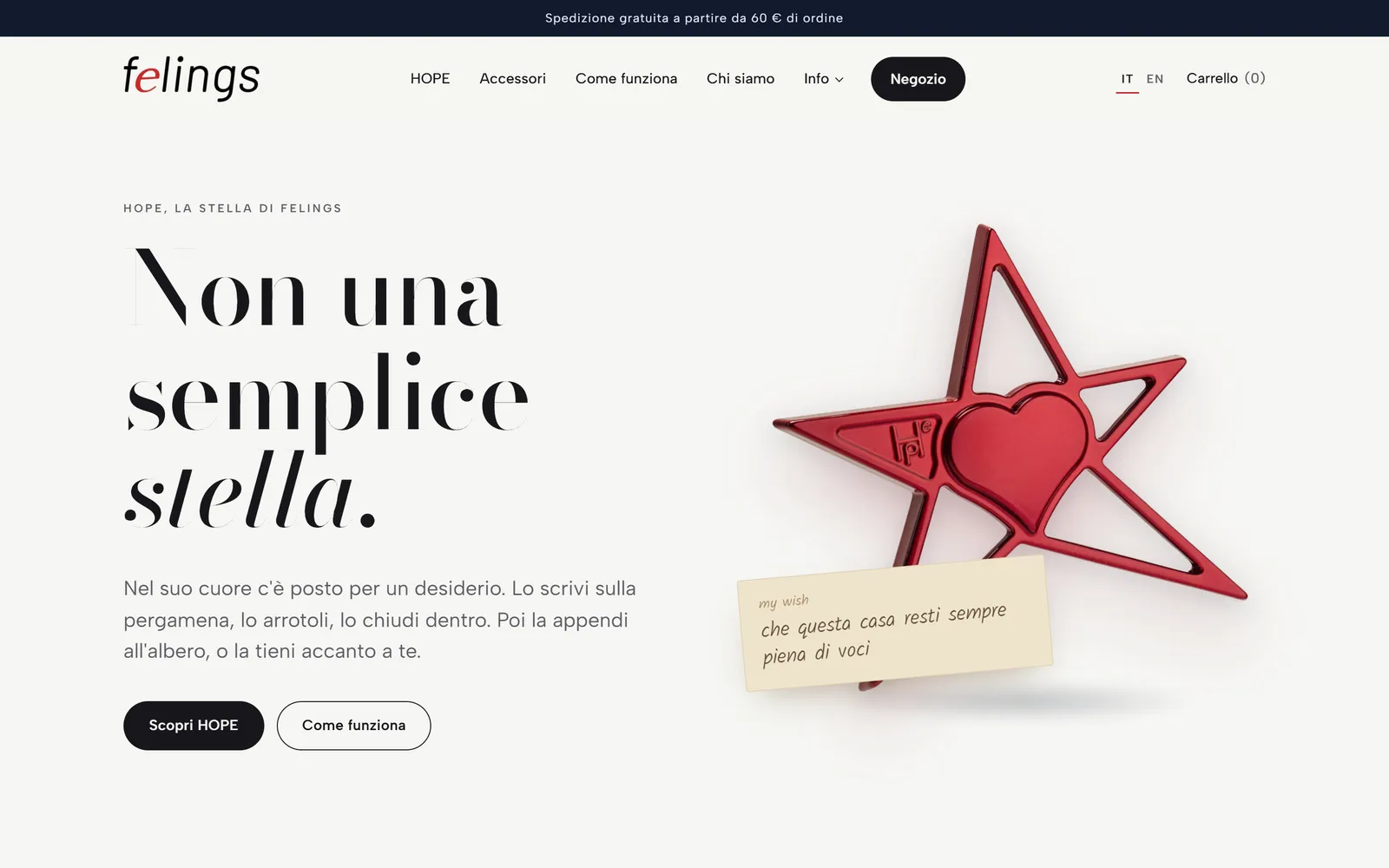 La home page di felings.com con la stella HOPE rossa e il titolo Non una semplice stella