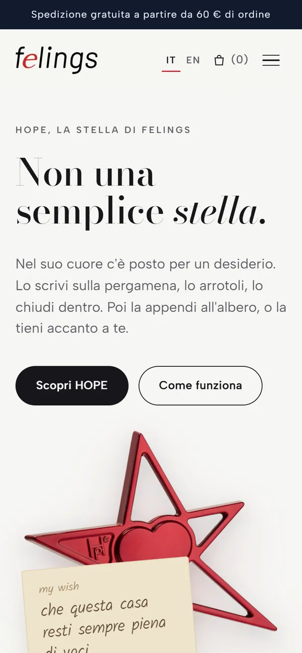 La home page di Felings vista da telefono, con la stella e la pergamena My Wish
