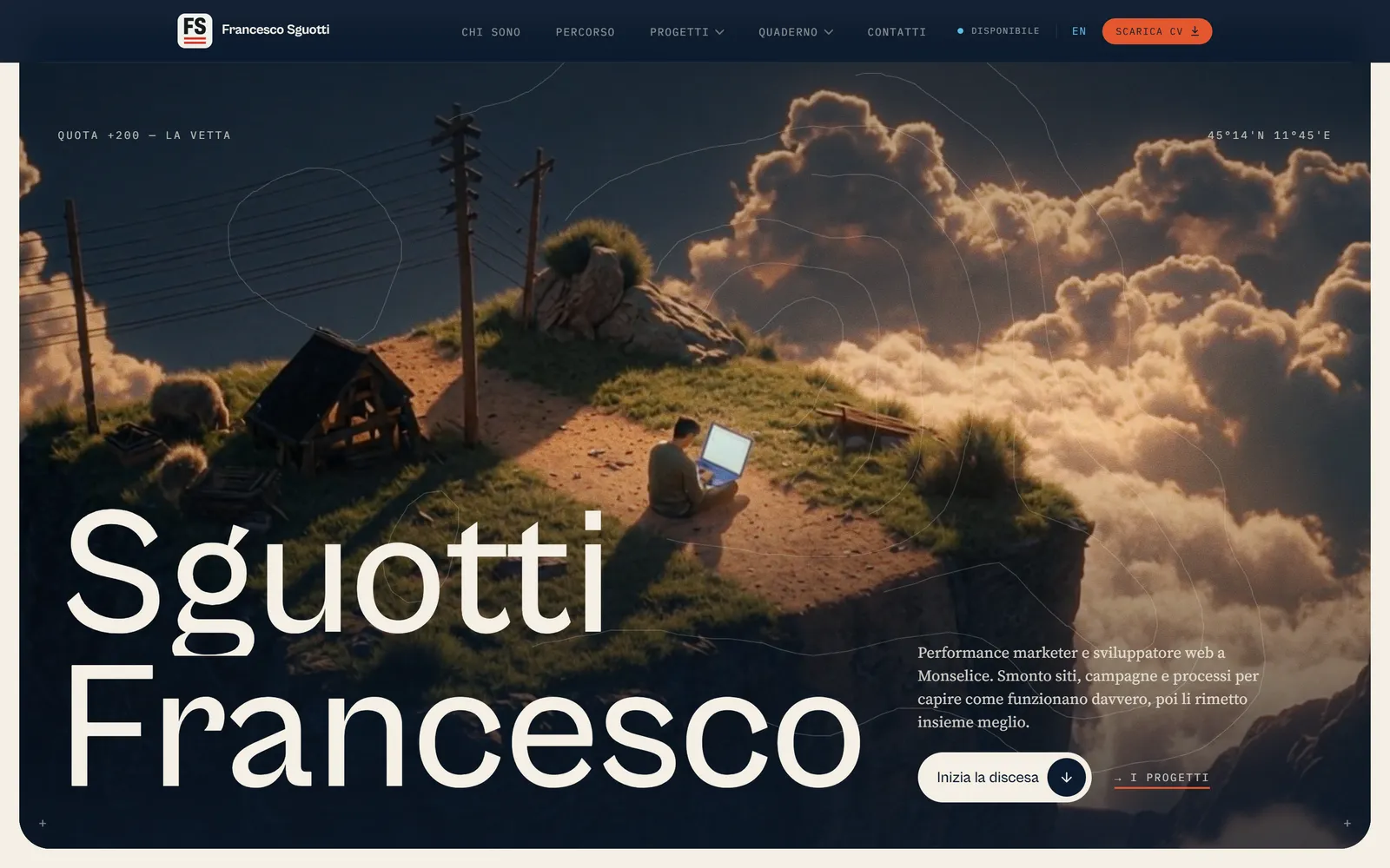La home page di francescosguotti.com con una persona al computer su una cima sopra le nuvole e il nome Sguotti Francesco