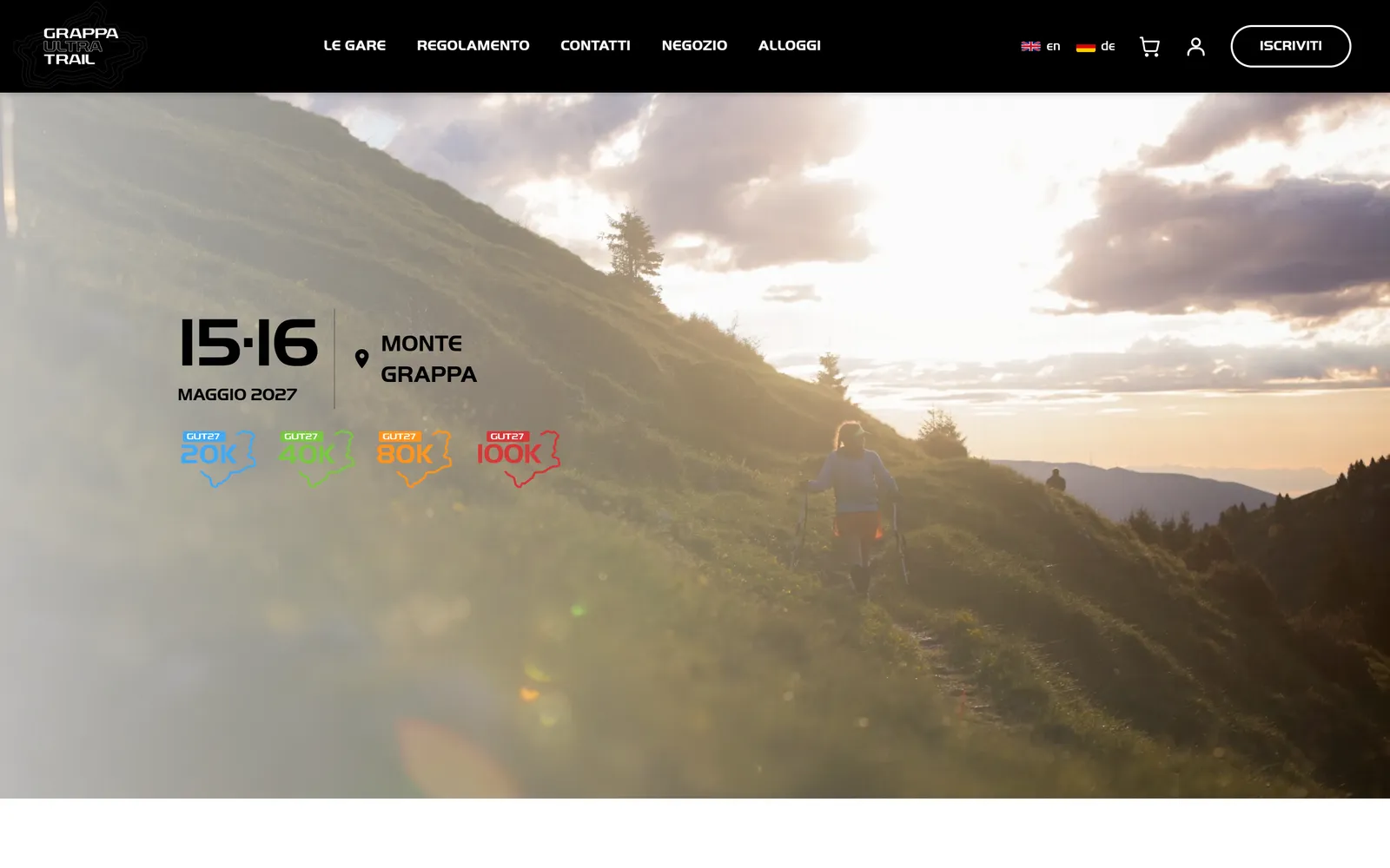 La home page di grappaultratrail.com con le date 15 e 16 maggio 2027 e i badge delle quattro gare
