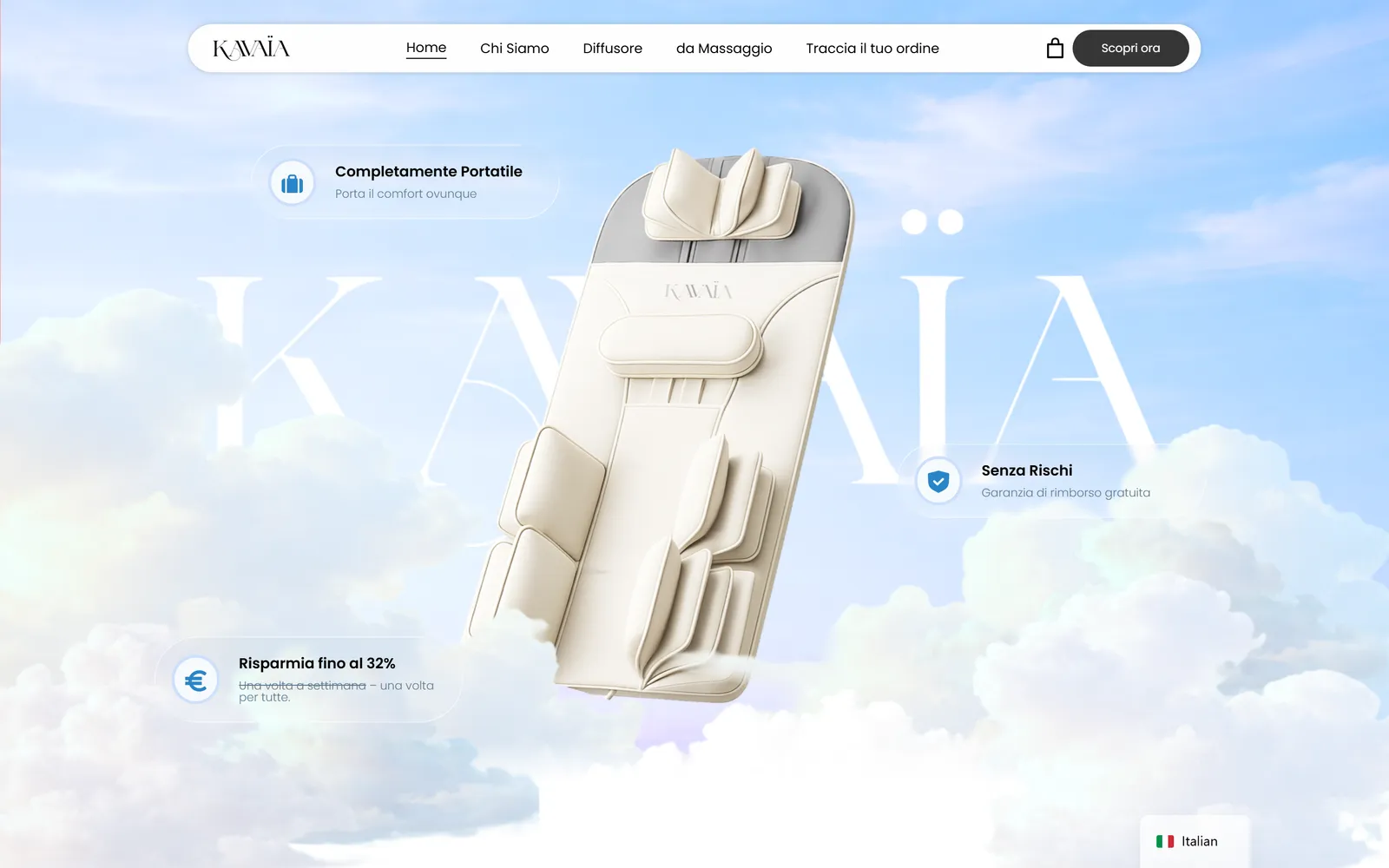 La home page di kavaïa.com con il materasso da massaggio bianco sospeso tra le nuvole