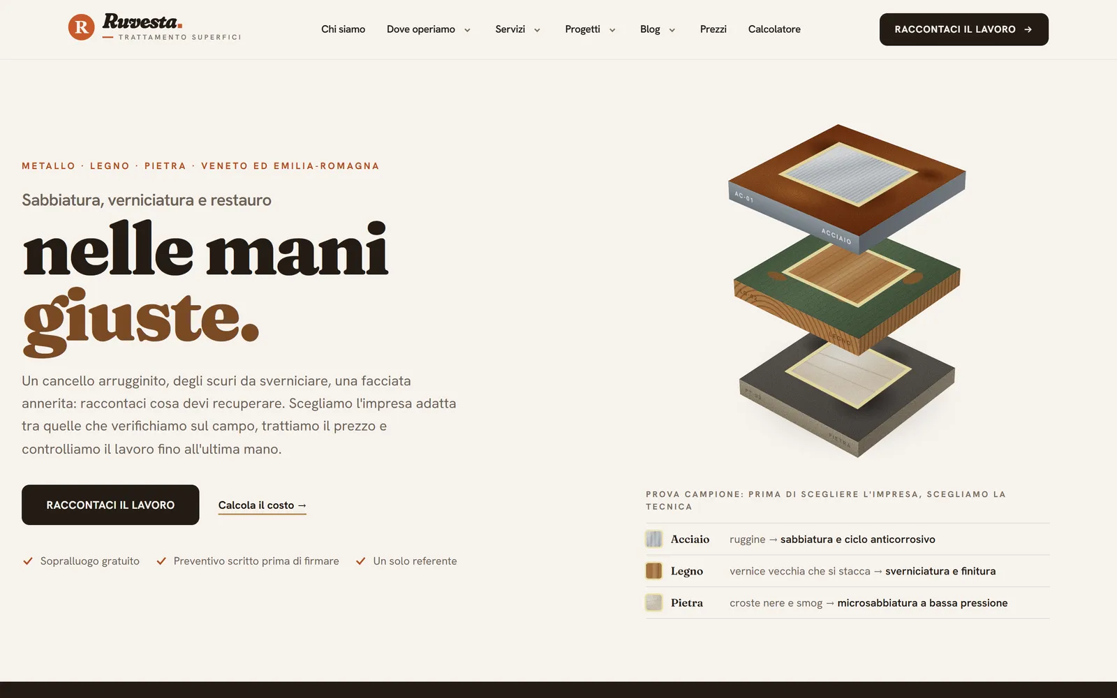 La home page di ruvesta.com con il titolo Sabbiatura, verniciatura e restauro nelle mani giuste e tre campioni di materiale