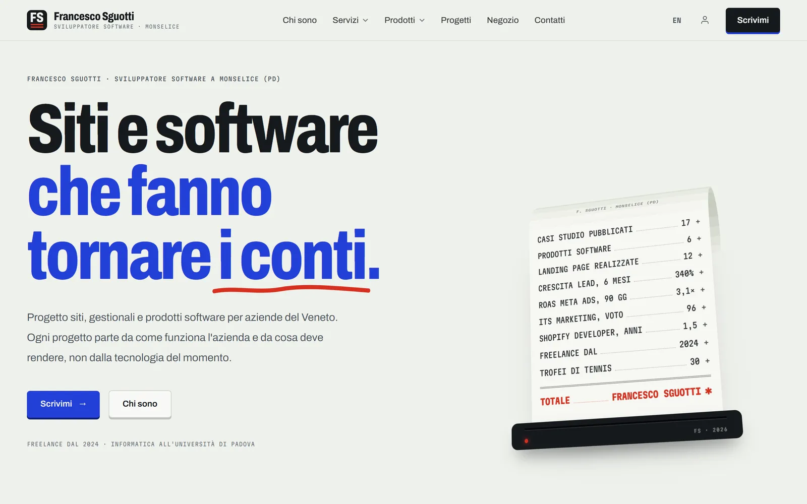 La home page di sguottisoftware.com con il titolo Siti e software che fanno tornare i conti e lo scontrino della calcolatrice