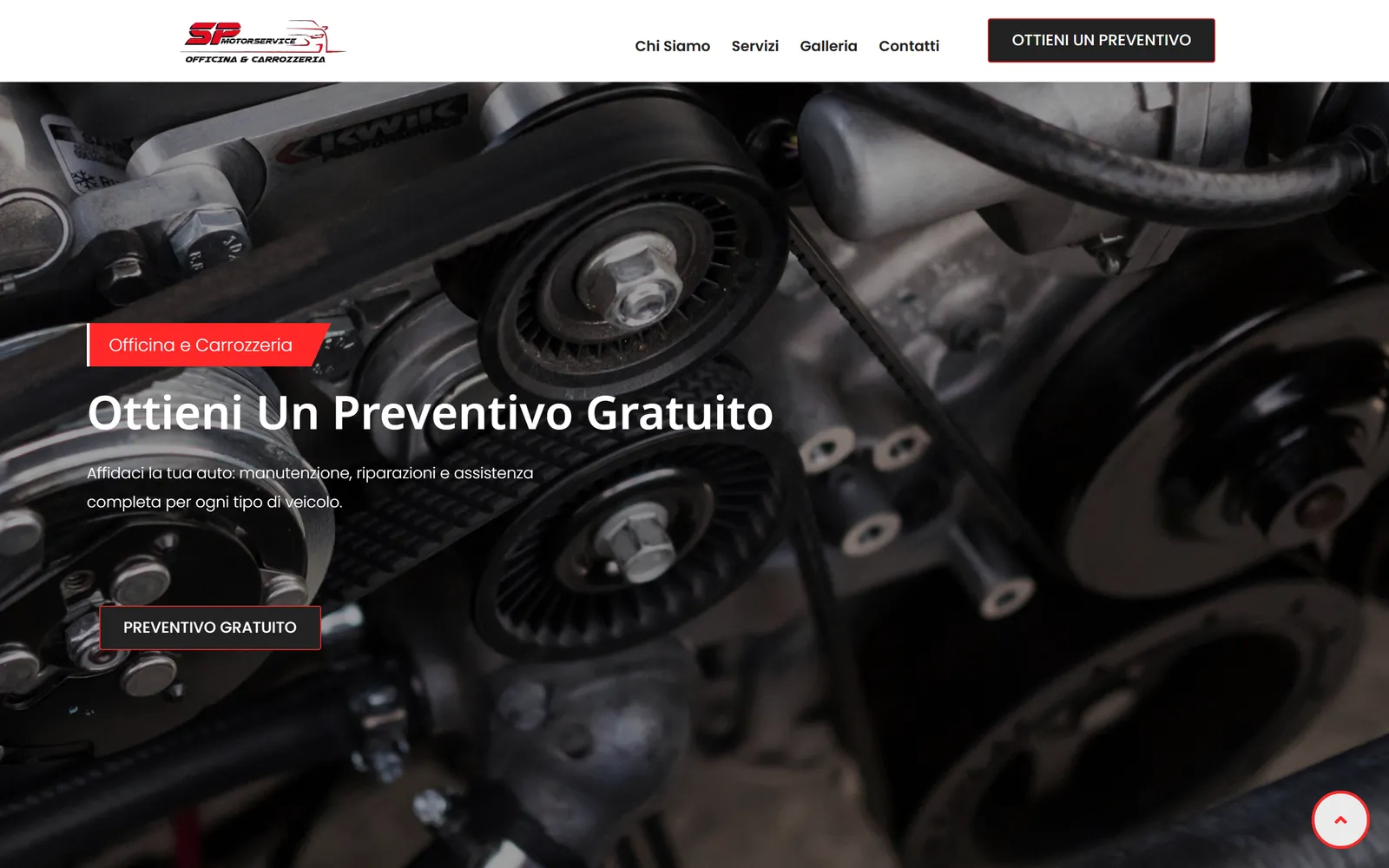 La home page di spmotorservice.com con il titolo Ottieni un preventivo gratuito sopra un motore
