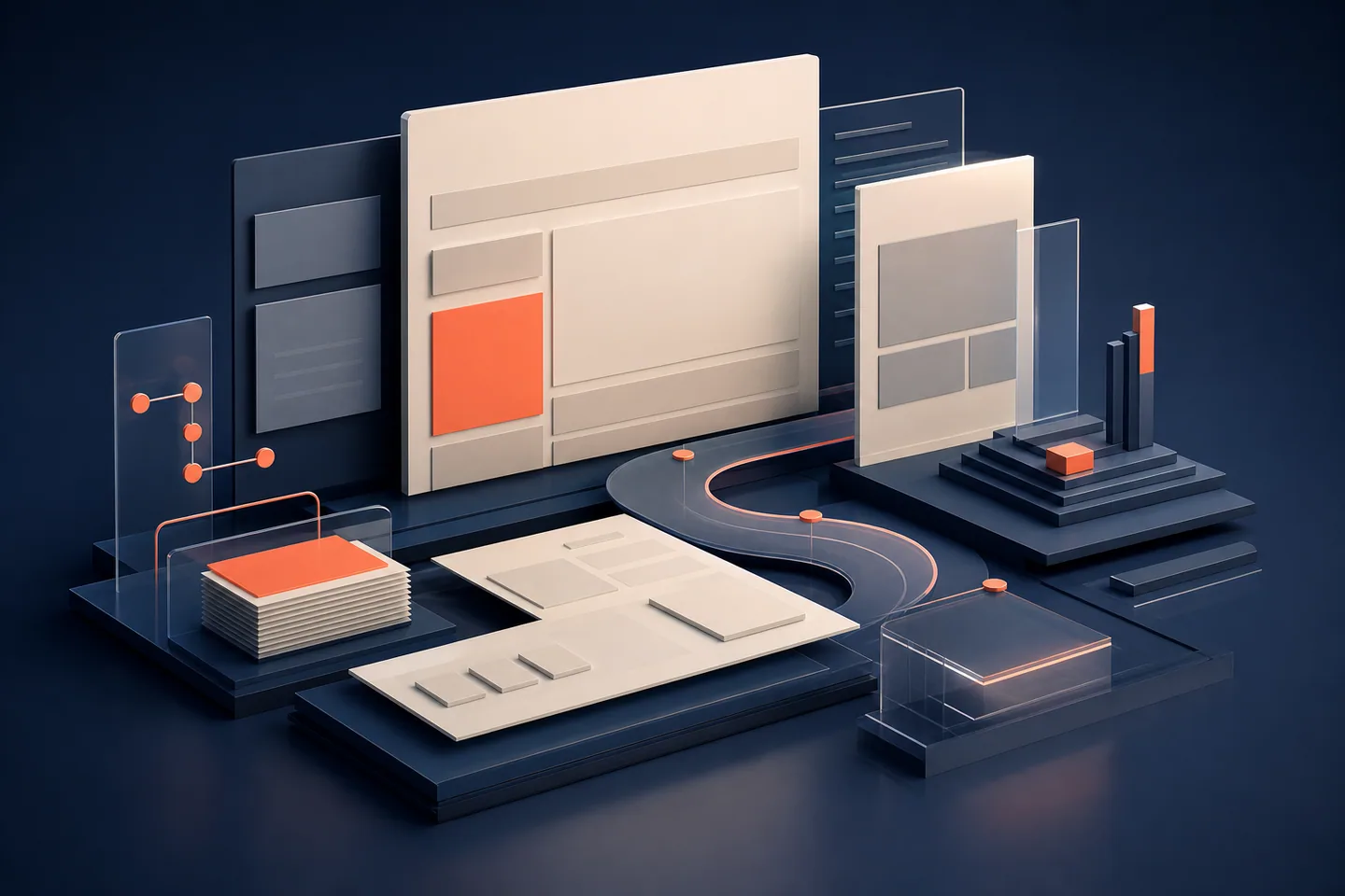 Visual AI di una struttura web professionale con pannelli di contenuto e percorsi ordinati